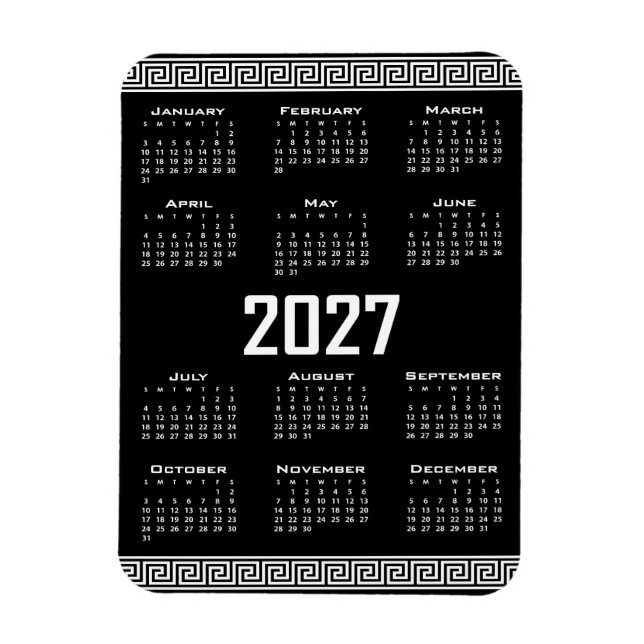 Imán Calendario 2027, Fret griego, Blanco sobre negro (Vertical)