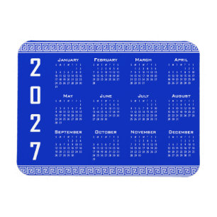 Imán Calendario 2027, greca griega, blanco sobre azul g