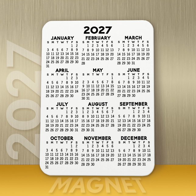 Imán Calendario 2027 - Negro y Blanco Mínimo Básico (Modern 2027 Calendar Magnet)