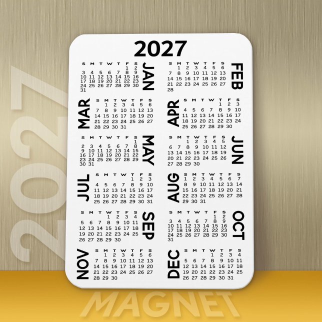 Imán Calendario 2027 - Negro y Blanco Mínimo Básico (Modern 2027 Calendar Magnet)