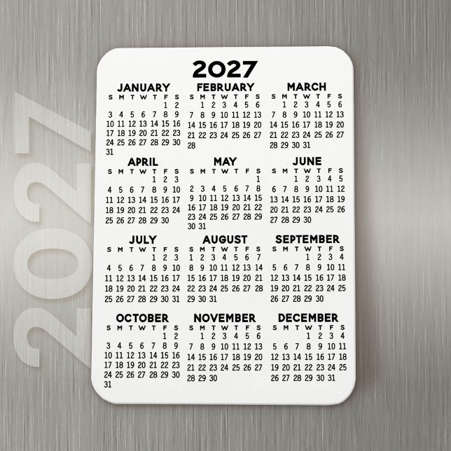 Imán Calendario 2027 - Negro y Blanco Mínimo Básico (Modern Simple 2027 Calendar Magnet)