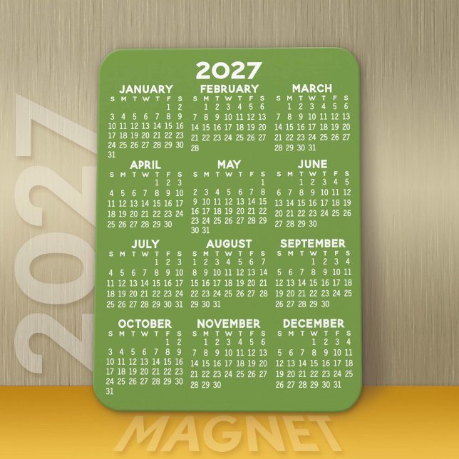Imán Calendario 2027 - Verde Blanco Moderno Mínimo Bási (Modern 2027 Calendar Magnet)