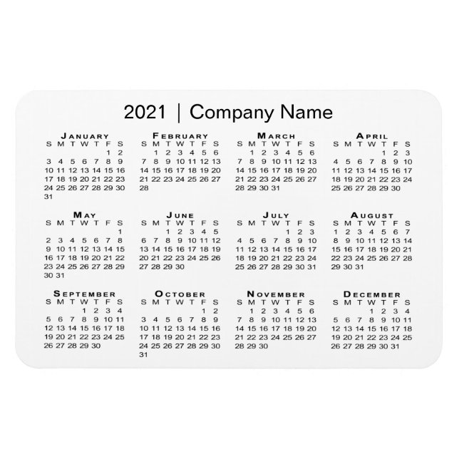 Imán Calendario de 2021 con nombre de empresa blanco (Horizontal)