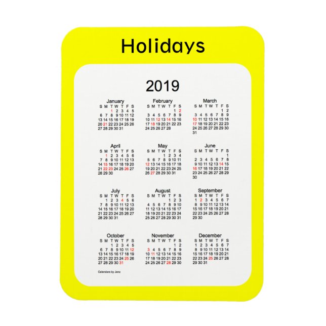 Imán Calendario de festividades amarillas de 2019 por J (Vertical)