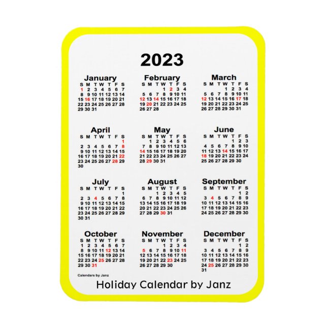 Imán Calendario de festividades amarillas de 2023 por J (Vertical)