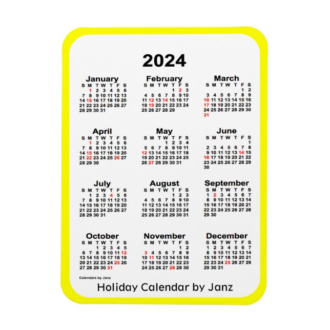 Imán Calendario de festividades amarillas de 2024 por J (Vertical)