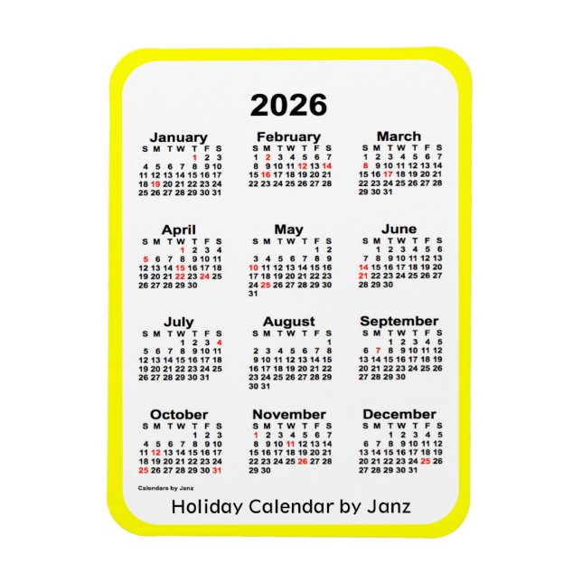 Imán Calendario de festividades amarillas de 2026 por J (Vertical)