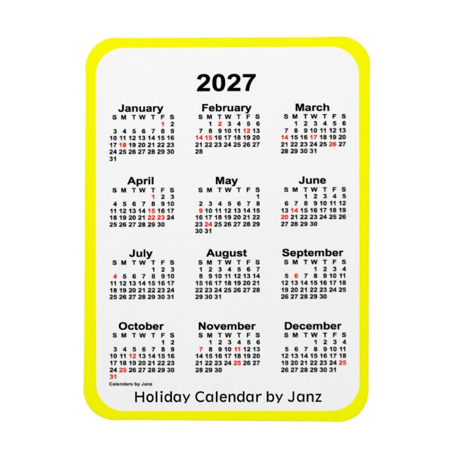 Imán Calendario de festividades amarillas de 2027 por J (Vertical)
