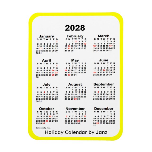 Imán Calendario de festividades amarillas de 2028 por J (Vertical)