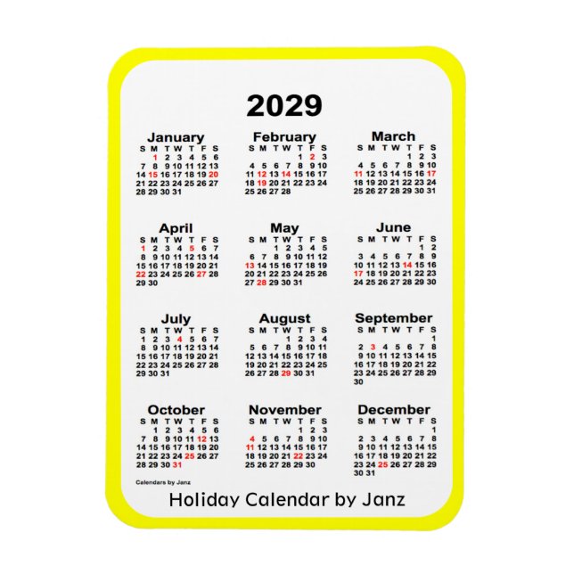 Imán Calendario de festividades amarillas de 2029 por J (Vertical)