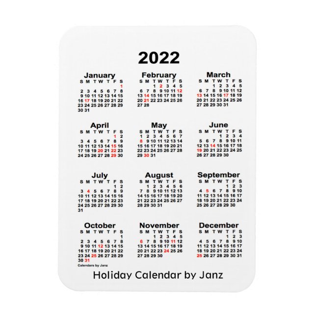 Imán Calendario de festividades blancas de 2022 por Jan (Vertical)