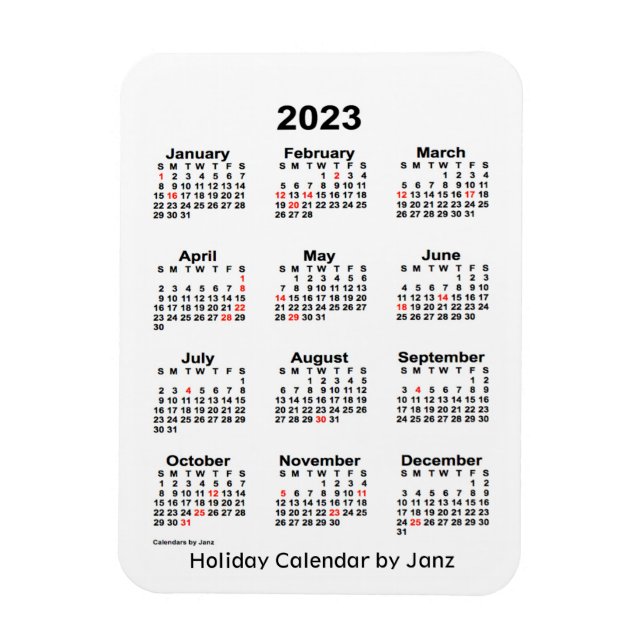 Imán Calendario de festividades blancas de 2023 por Jan (Vertical)