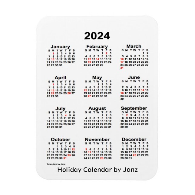 Imán Calendario de festividades blancas de 2024 por Jan (Vertical)