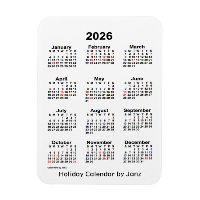 Imán Calendario de festividades blancas de 2026 por Jan (Vertical)