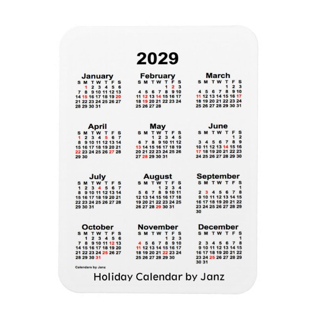 Imán Calendario de festividades blancas de 2029 por Jan (Vertical)
