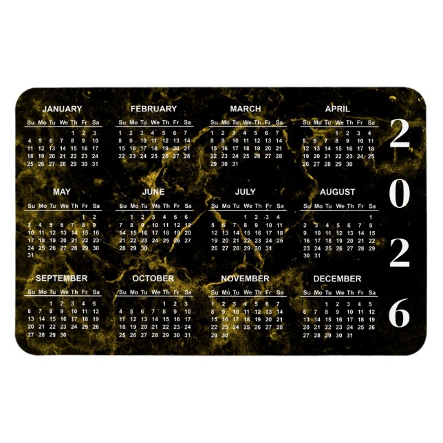 Imán Calendario de Mármol Negro y Oro 2026 (Horizontal)