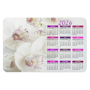 Imán Calendario de Orquídeas Blancas y Moradas Elegante