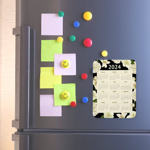 Imán Calendario del año 2024 floral negro y beige elega