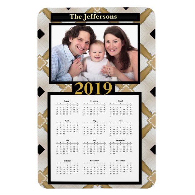 Imán Calendario del Patrón Moderno Oro Negro Foto 2019 (Vertical)