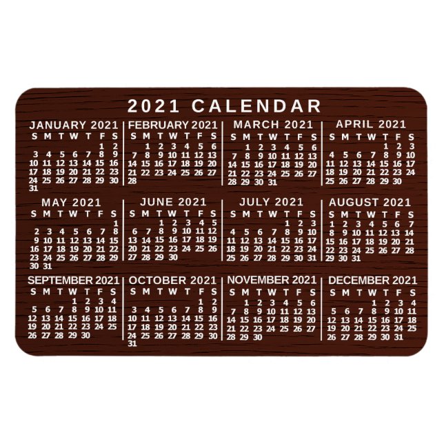 Imán Calendario Mensual 2021 Año Grano de madera marrón (Horizontal)
