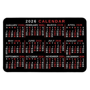 Imán Calendario Mensual Anual 2026 Clásico Negro Rojo B