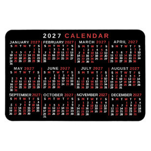 Imán Calendario Mensual Anual 2026 Clásico Negro Rojo B