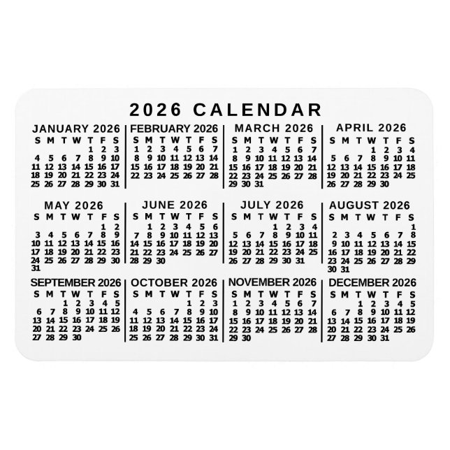 Imán Calendario Mensual Clásico Blanco y Negro del Año  (Horizontal)