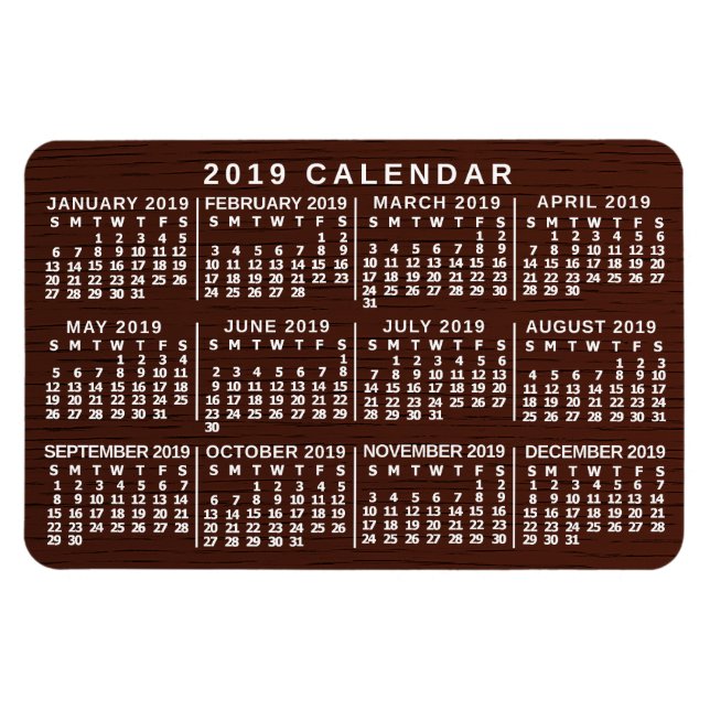 Imán Calendario mensual de 2019 Grano de madera marrón  (Horizontal)