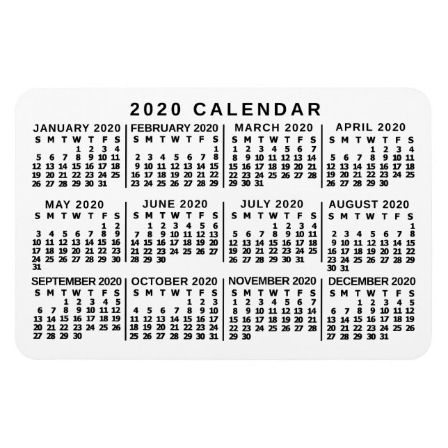 Imán Calendario mensual de 2020 Clásico Blanco y Negro (Horizontal)