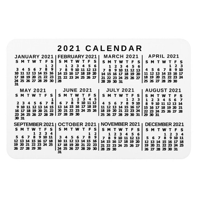 Imán Calendario mensual de 2021 Clásico Blanco y Negro (Horizontal)