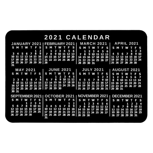 Imán Calendario mensual de 2021 Clásico en blanco y neg (Horizontal)