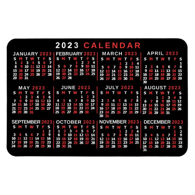 Imán Calendario mensual de 2023 años Clásico Blanco Roj (Horizontal)
