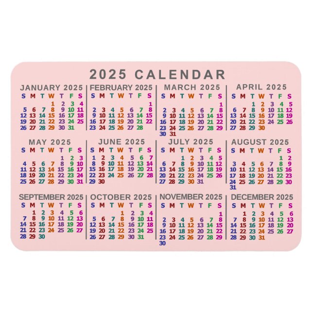 Imán Calendario mensual de 2025 Rubor color rosa (Horizontal)