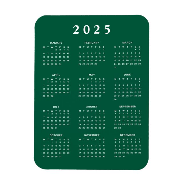 Imán Calendario mensual de Green White 2025 (Vertical)