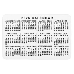 Imán Calendario Mensual del Año 2026 Clásico Blanco y N