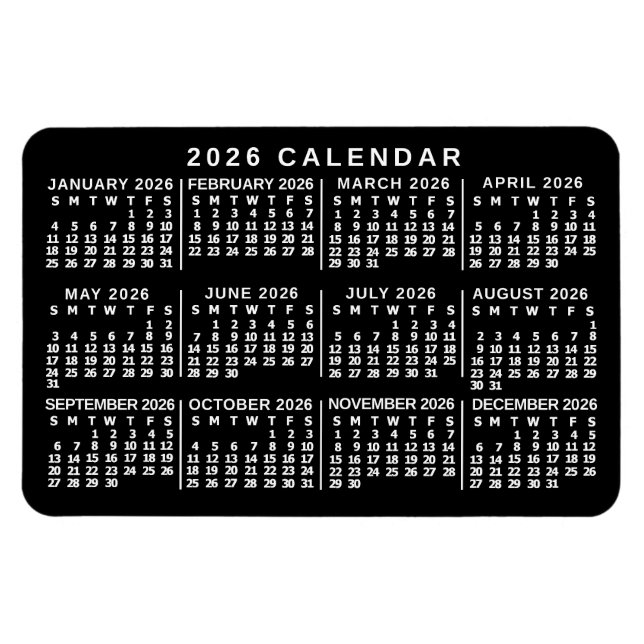 Imán Calendario mensual del año 2026 clásico negro y bl (Horizontal)