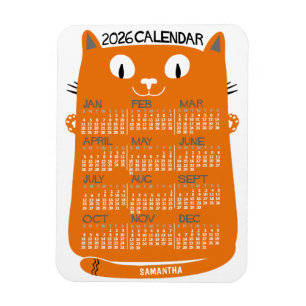 Imán Calendario Mensual del Año 2026 Gato Naranja de Es