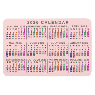 Imán Calendario mensual del año 2026 rosa suave y color