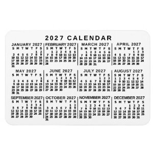 Imán Calendario mensual del año 2027 clásico blanco y n