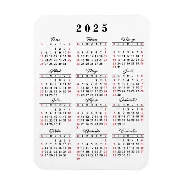 Imán Calendario moderno 2025 en rojo blanco español (Vertical)