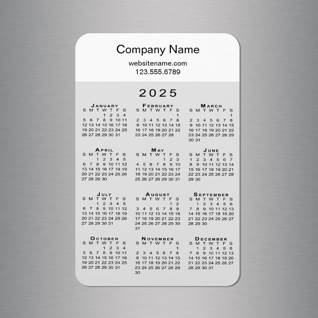 Imán Calendario moderno 2025 Nombre de empresa Informac (Modern 2025 Calendar Company Name Info Grey White Magnet in situ)