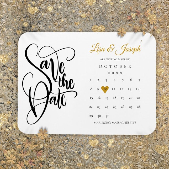Imán Calendario Oro Corazón Boda Guardar la Fecha (Calendar Gold Love Heart Wedding Save the Date Magnet)