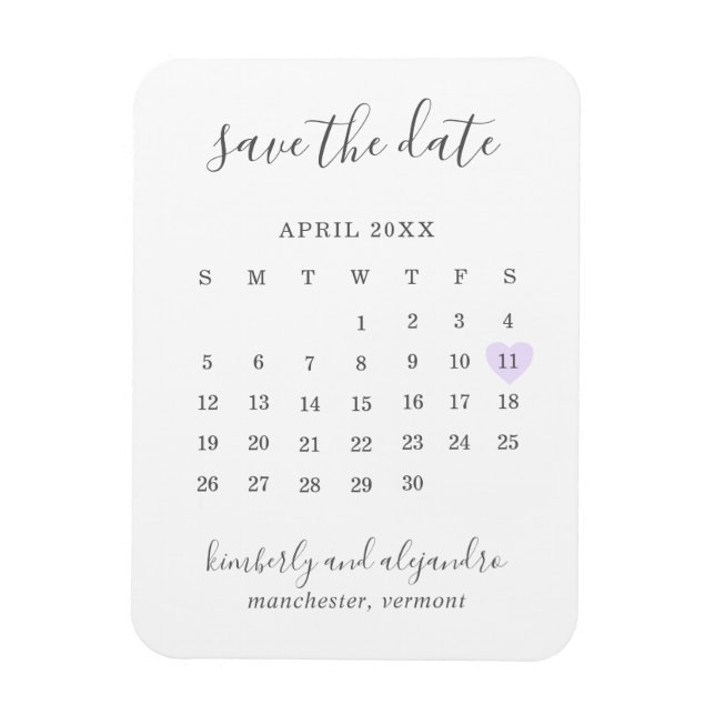 Imán Calendario Sencillo Corazón Morado Pastel Reservar (Vertical)
