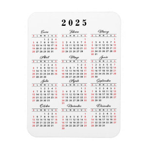 Imán Calendario simple 2025 en rojo blanco español