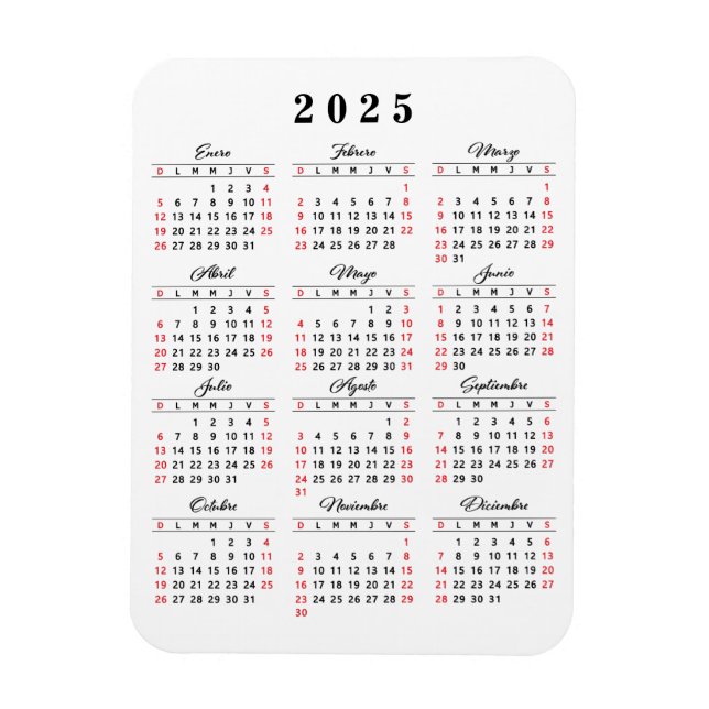 Imán Calendario simple 2025 en rojo blanco español (Vertical)