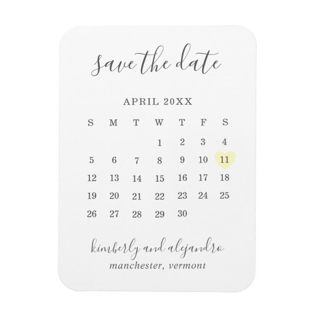 Imán Calendario Simple Corazón Amarillo Pastel Guardar  (Vertical)