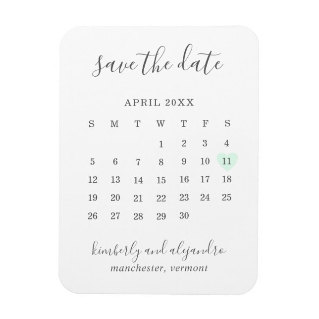 Imán Calendario Simple Corazón Verde Pastel Guardar la  (Vertical)
