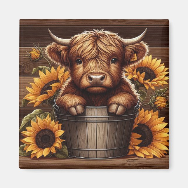 Imán Calf de vaca Highland con girasoles en cubo de mad (Frente)