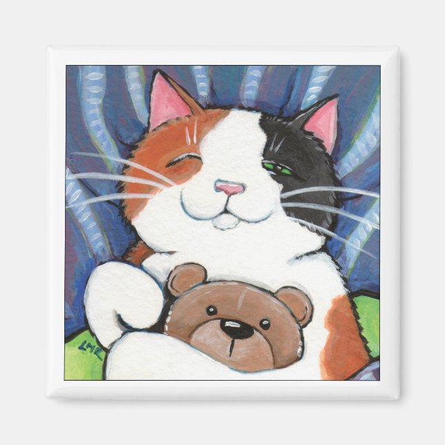 Imán Calico Cat y Teddy Bear | Gato Art Magnet (Frente)