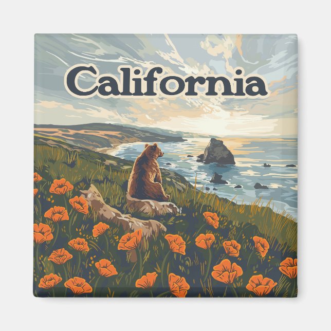 Imán California Bear Poppies Flowers Coast Retro (Frente)